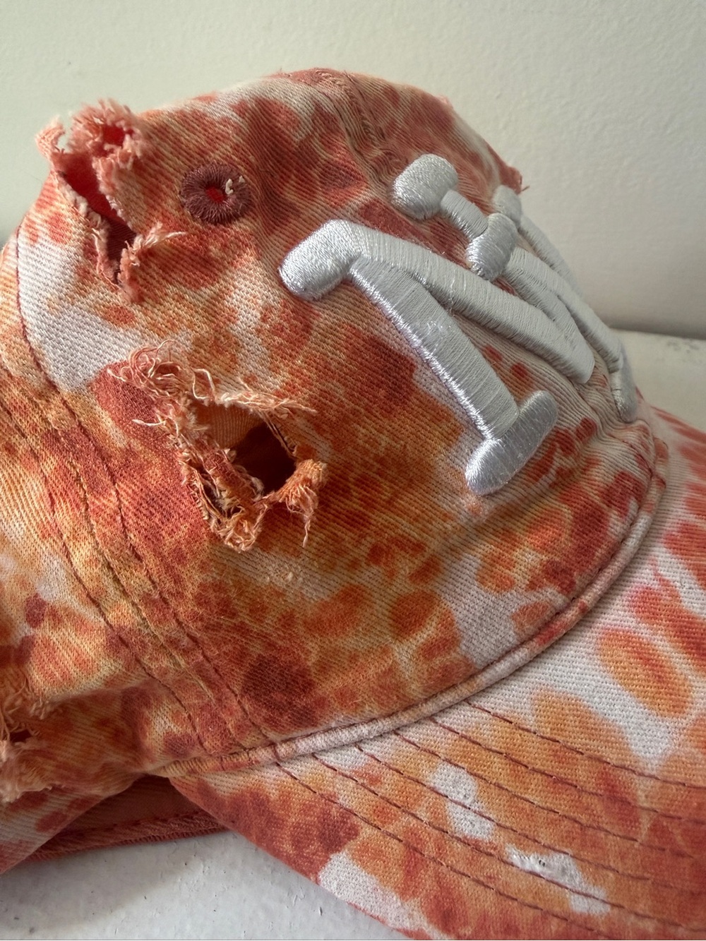Distressed Tie-Dye Baseball Cap in Orange and White